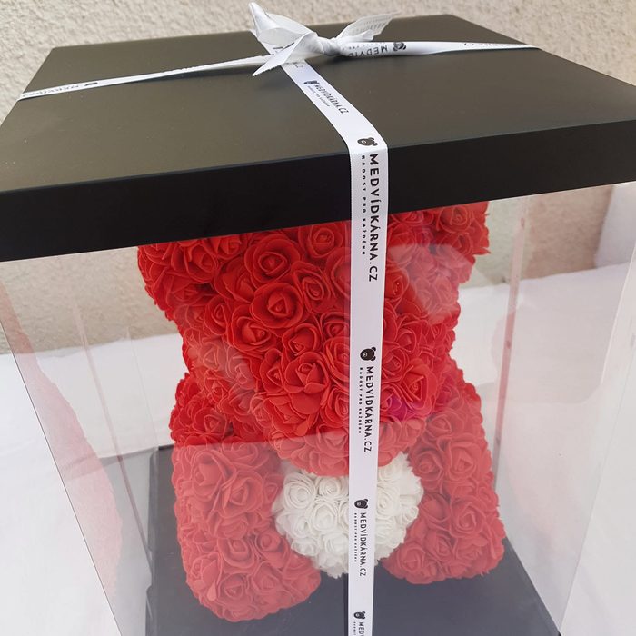 Red rose bear with a white heart